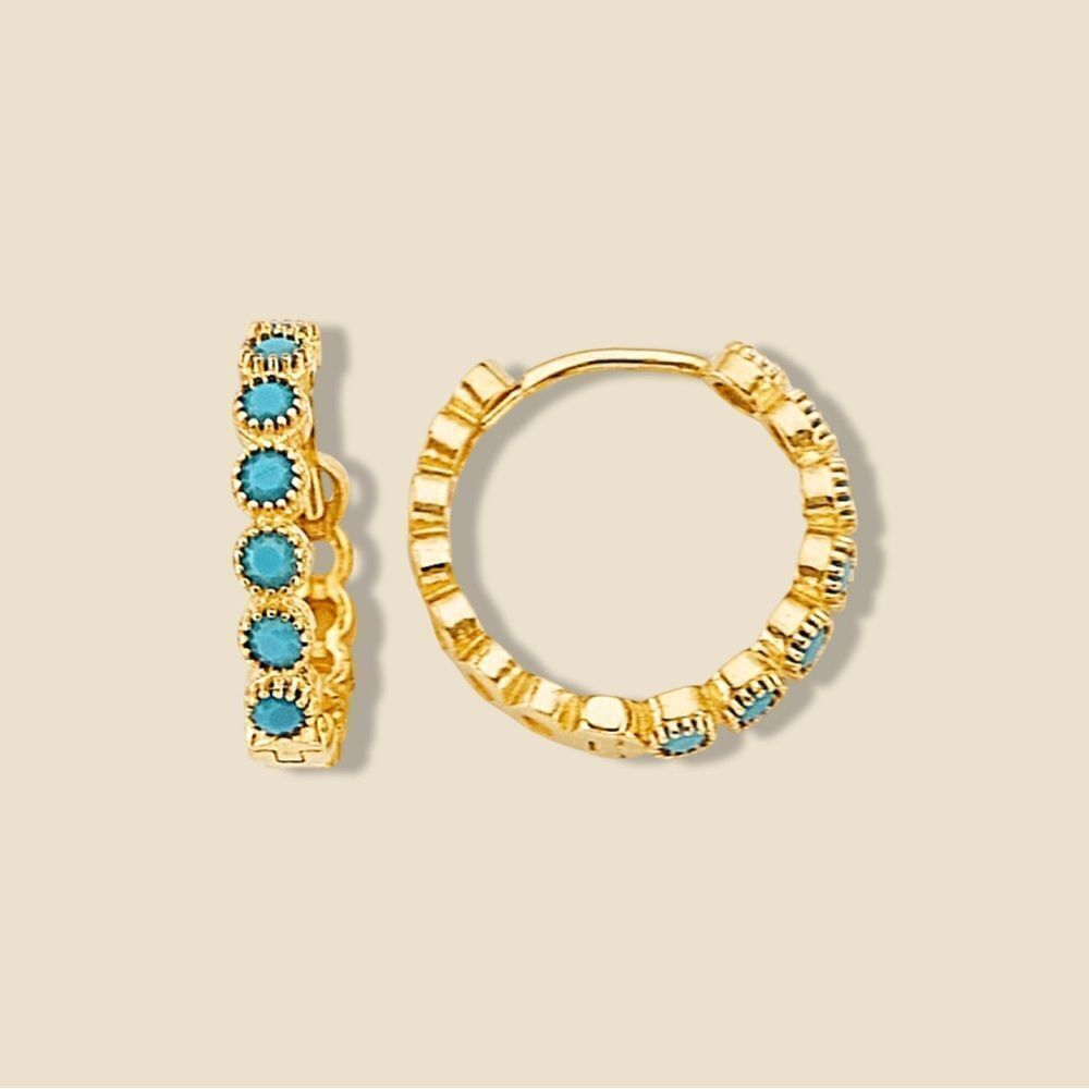 14k Solid Gold Round Turquoise Huggies | Everyday Jewelry | Gold Huggies |